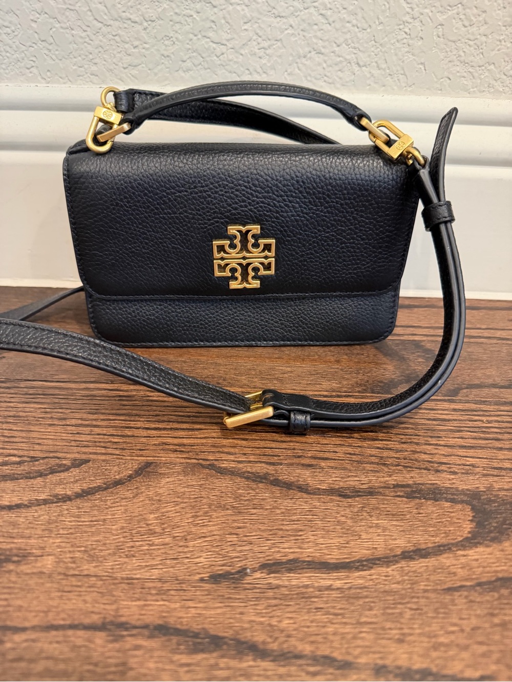 Tory Burch Black Pebbled Leather Crossbody with Gold Logo Hardware